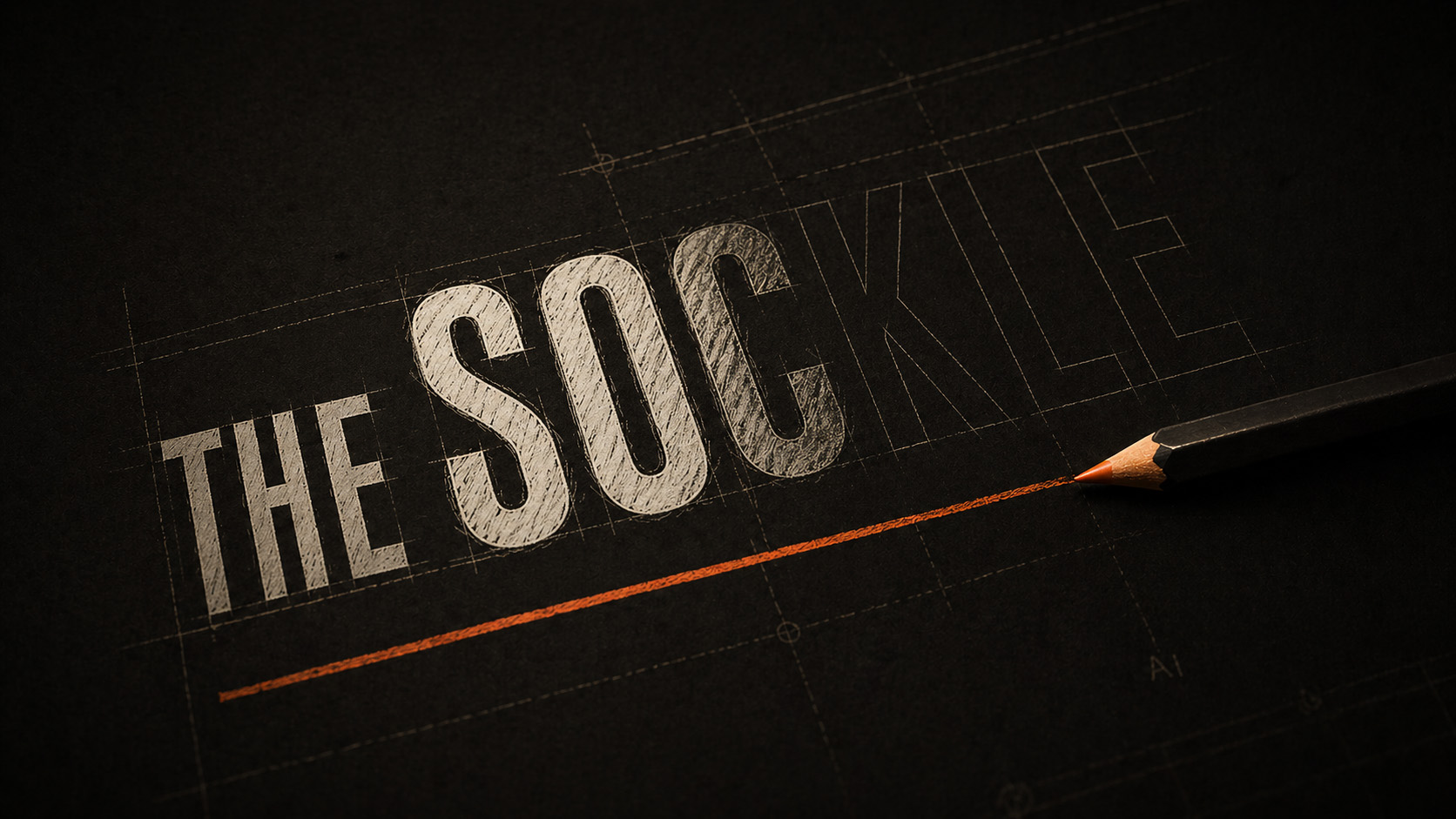 Half-drawn The Sockle lettering on a dark surface, seen from above at an angle: brand foundation in the act of being built