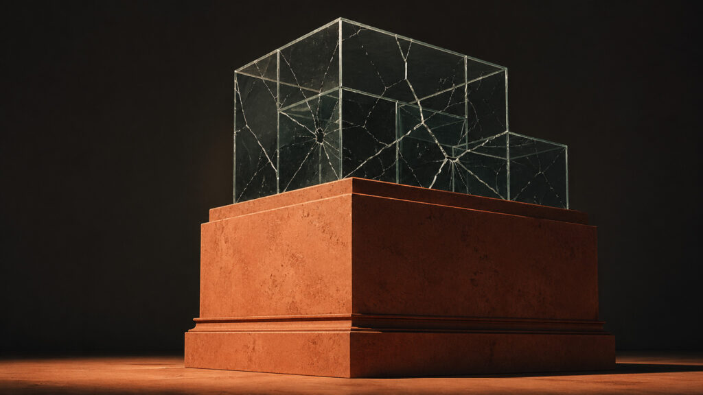 Architectural base supporting a cracking glass structure — brand foundation vs brand identity