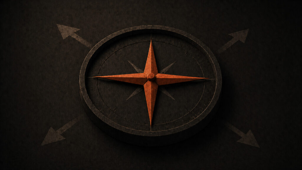 A compass with a split needle pointing in four directions simultaneously — brand positioning failure and strategic disorientation