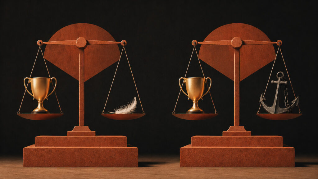Two scales in balance — one with a trophy and feathers, one with a trophy and an anchor — brand values under pressure