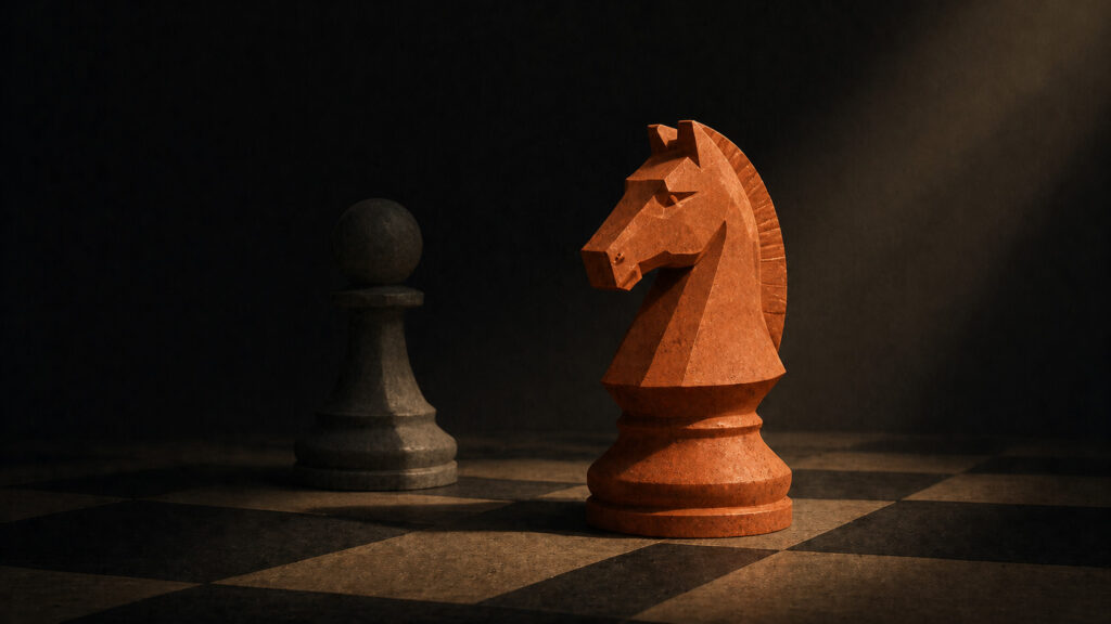 A terracotta chess knight facing a gray pawn in shadow — competitive brand positioning strategy