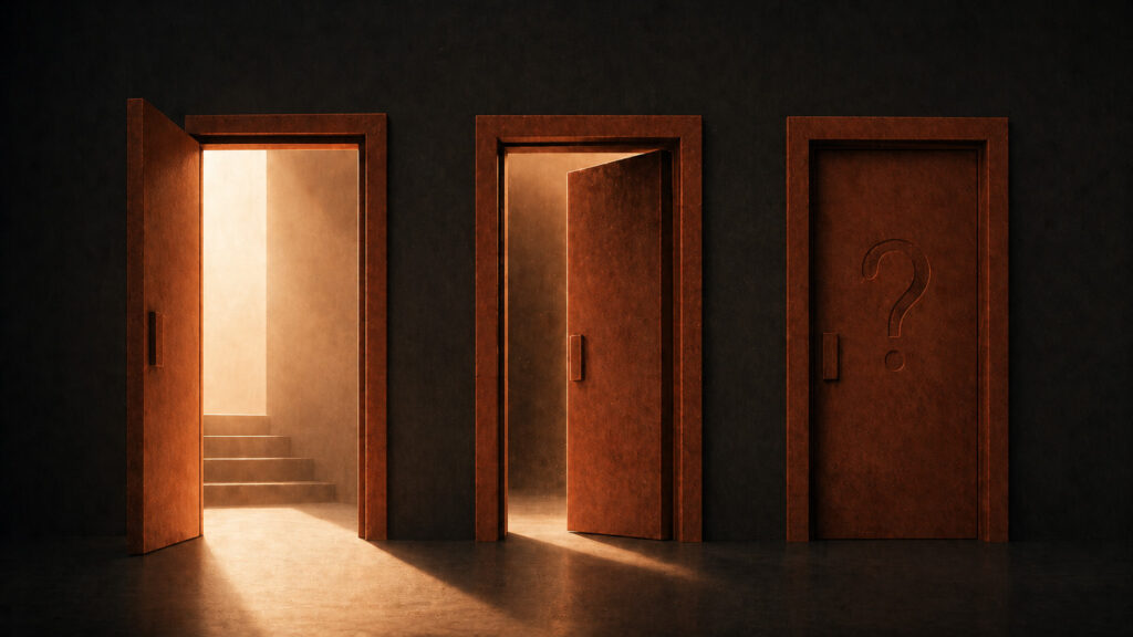 Three doors in a dark wall — two open with light, one closed with a question mark — brand strategy questions