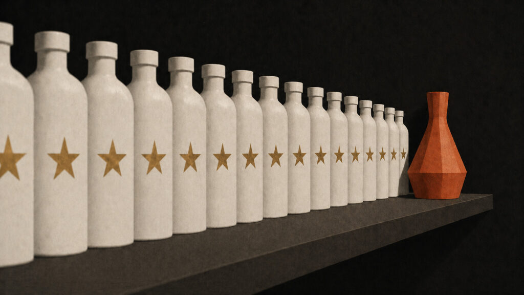 Shelf of identical white bottles with gold stars and one distinct terracotta bottle — brand differentiation vs generic quality claims