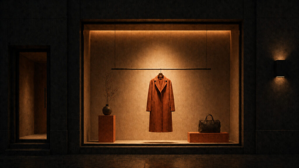 Boutique interior viewed through a window with one single garment on display — wholesale brand identity for independent retail
