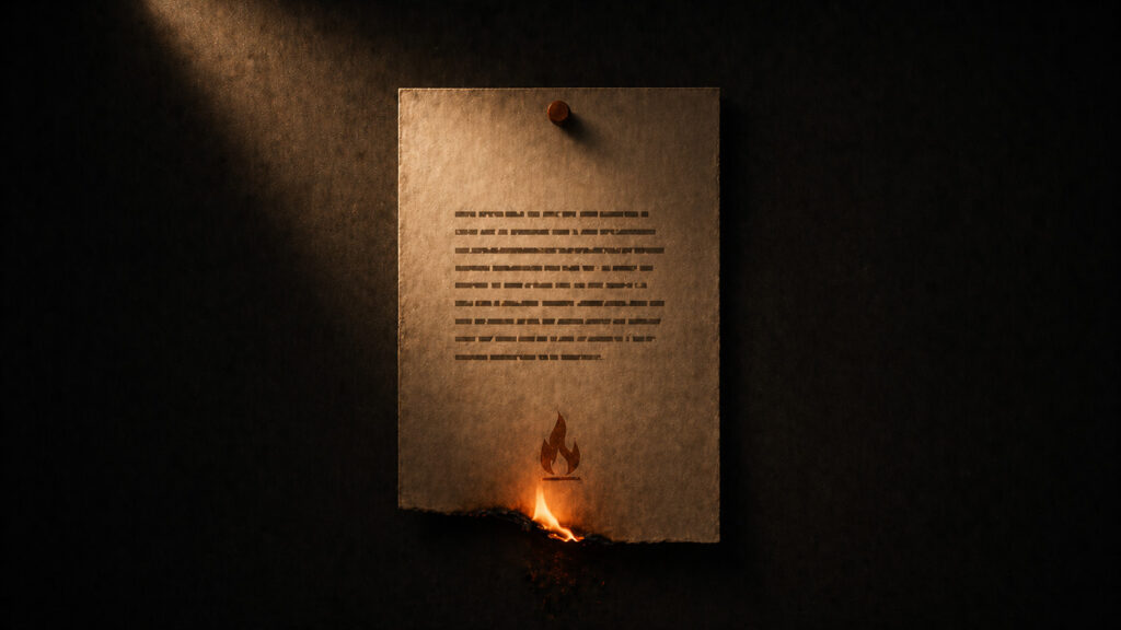 A single sheet of paper with text and a small flame at the bottom pinned to a dark wall — brand manifesto writing
